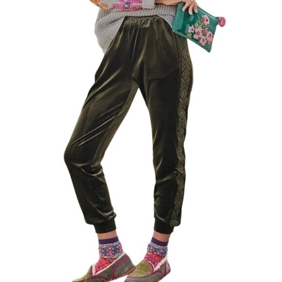 Driftwood Davey Embroidered Velvet Jogger Pants Womens M Green Polyester Blend - Picture 1 of 9